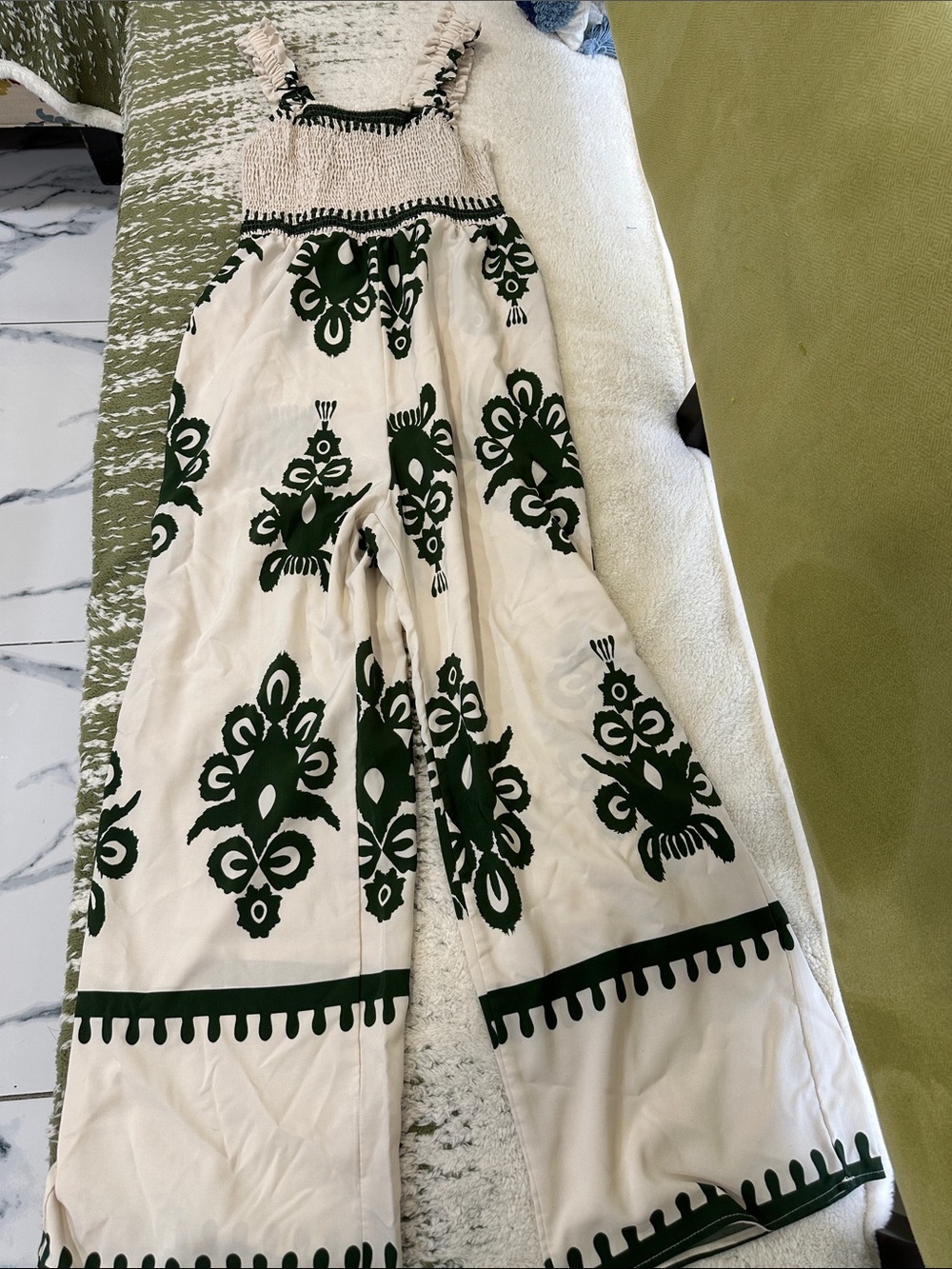 SHEIN Cream Wide-Leg Jumpsuit with Dark Green Embroidered Motif